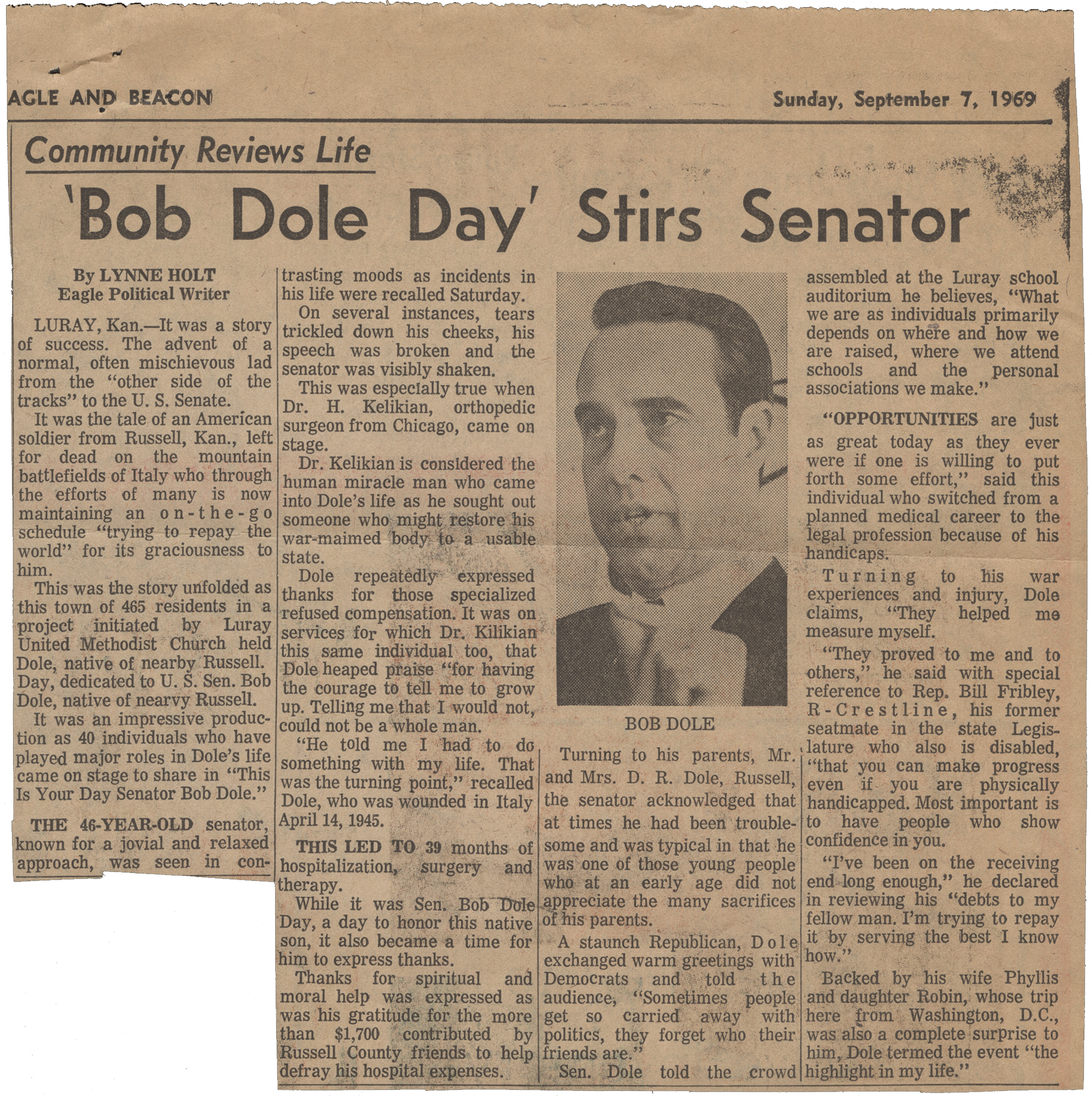 Newspaper clipping with article and photo of Bob Dole's face