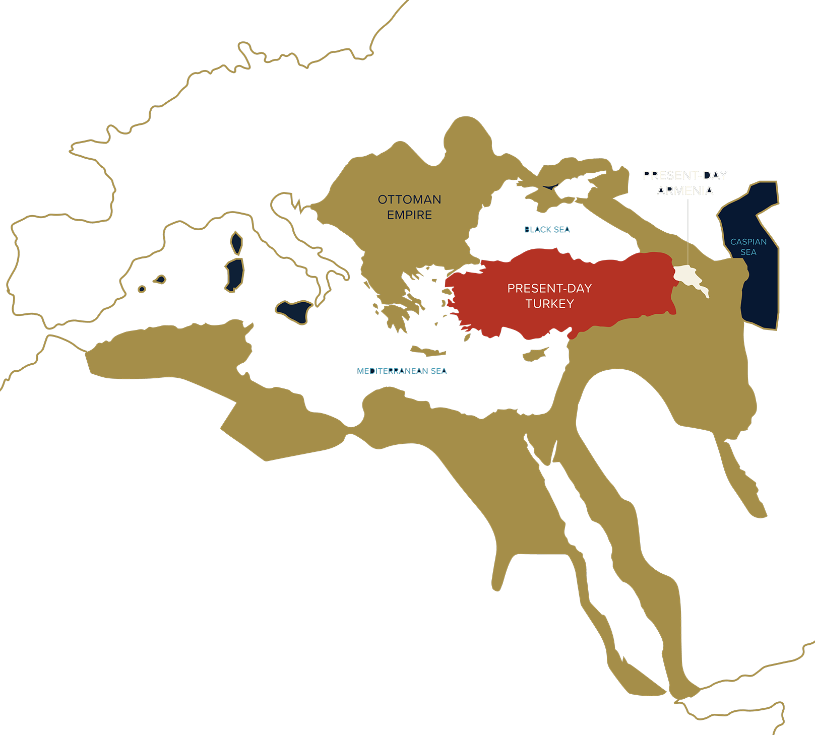 map showing the greatest extent of the Ottoman Empire and the overlapping territories that belong to Turkey and Armenia today.