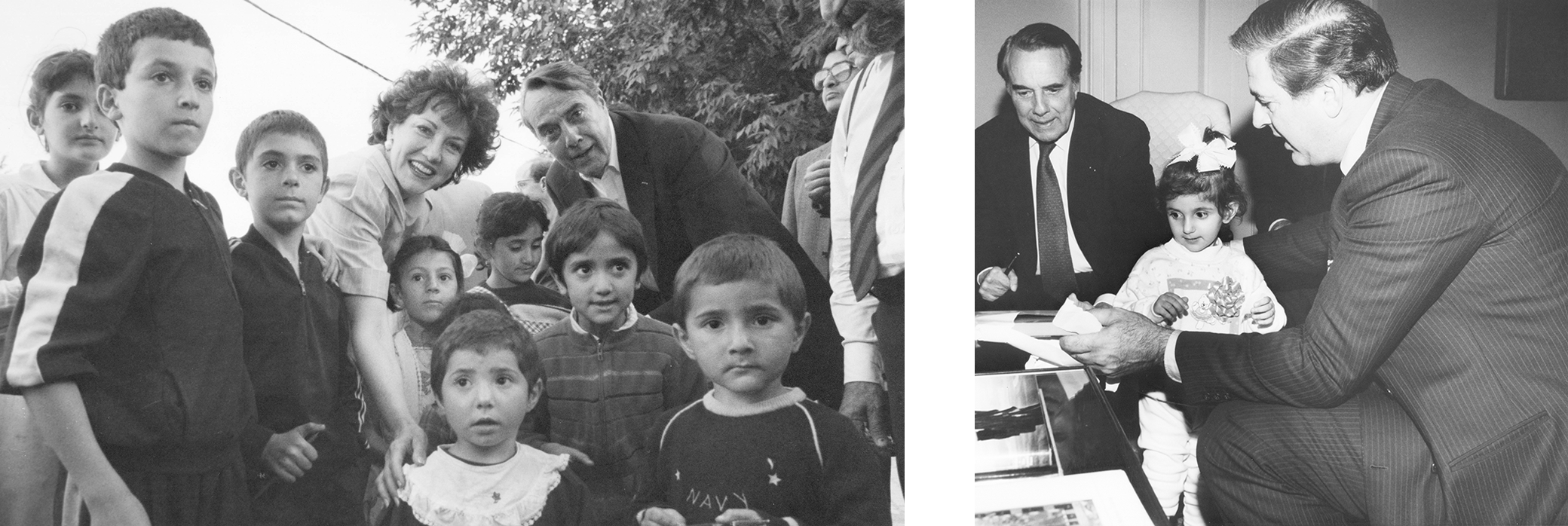 Bob and Elizabeth Dole with Armenian children. Bob Dole with a small Armenian girl.